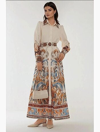 Robe longue imprimée à manches longues avec ceinture hiccup