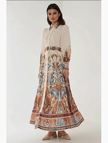 Robe longue imprimée à manches longues avec ceinture hiccup