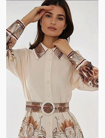 Robe longue imprimée à manches longues avec ceinture hiccup