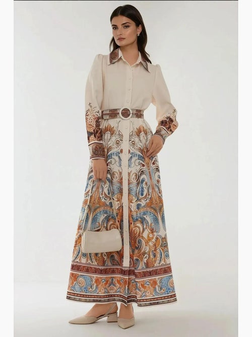 Robe longue imprimée à manches longues avec ceinture hiccup - Kiabi Robe longue imprimée à manches longues avec ceinture hiccup - Kiabi