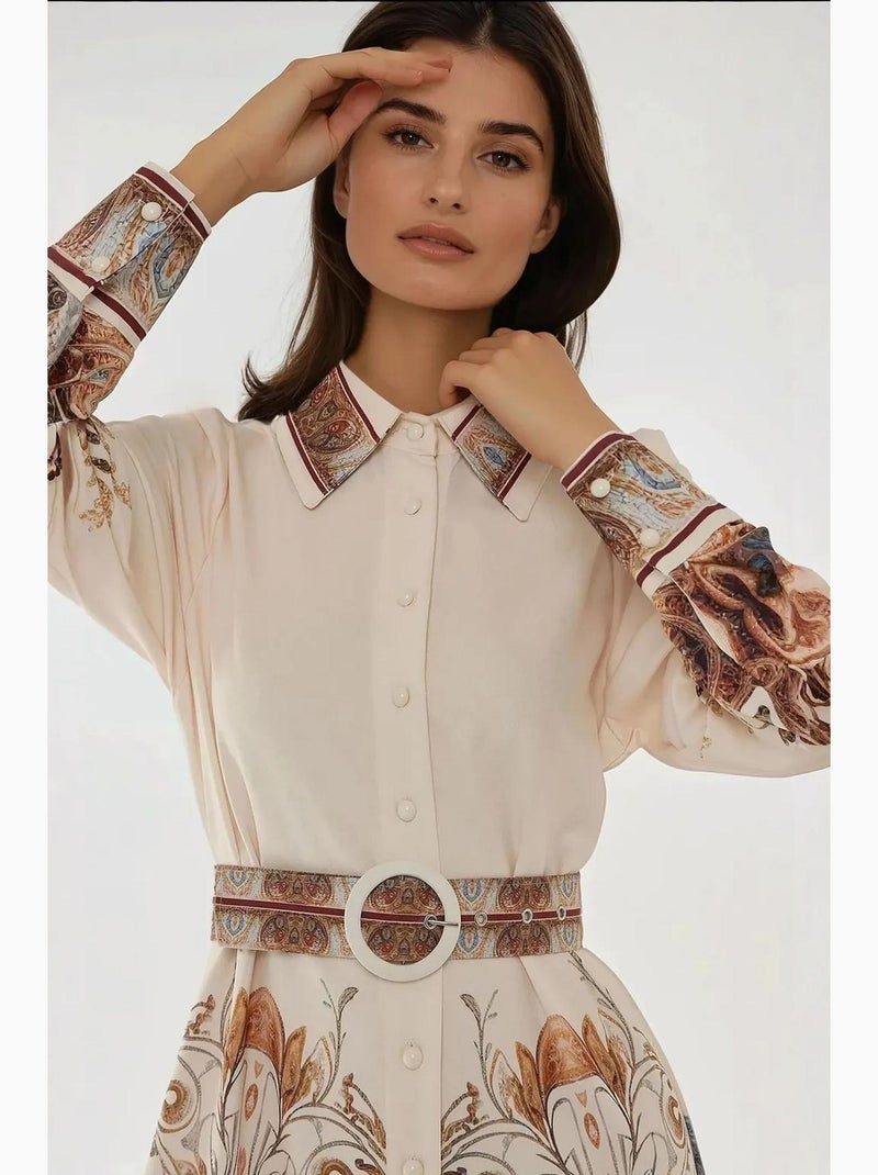 Robe longue imprimée à manches longues avec ceinture hiccup Blanc - Kiabi