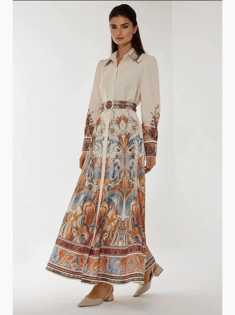 Robe longue imprimée à manches longues avec ceinture hiccup Blanc - Kiabi