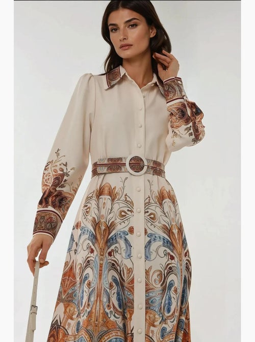 Robe longue imprimée à manches longues avec ceinture hiccup - Kiabi Robe longue imprimée à manches longues avec ceinture hiccup - Kiabi