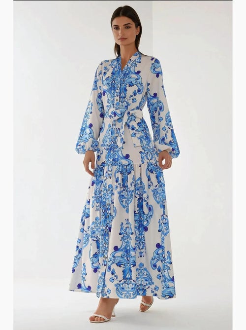 Robe longue imprimée à manches longues avec ceinture hiccup - Kiabi