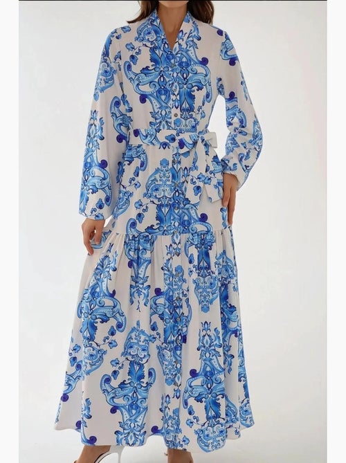 Robe longue imprimée à manches longues avec ceinture hiccup - Kiabi