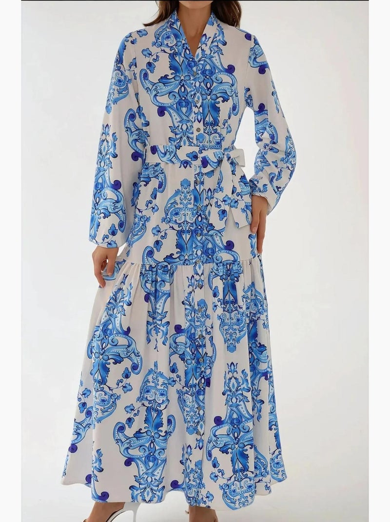 Robe longue imprimée à manches longues avec ceinture hiccup Bleu - Kiabi