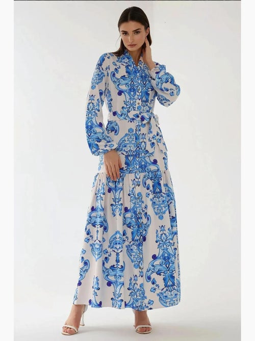 Robe longue imprimée à manches longues avec ceinture hiccup - Kiabi