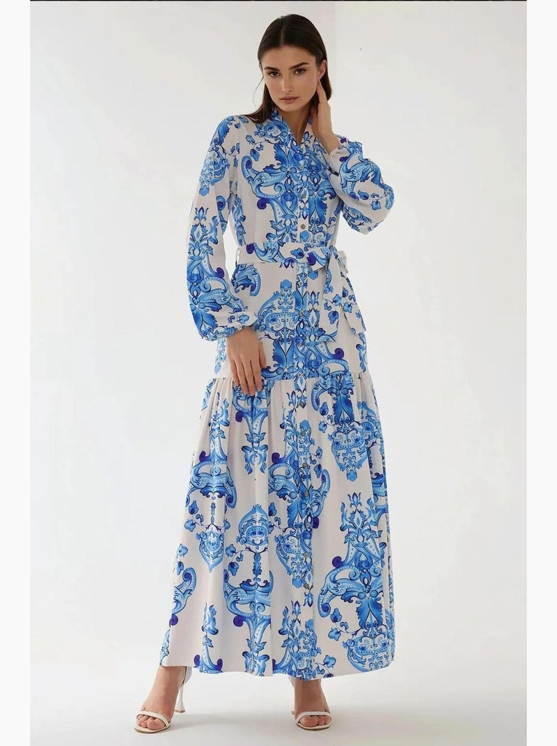 Robe longue imprimée à manches longues avec ceinture hiccup Bleu - Kiabi