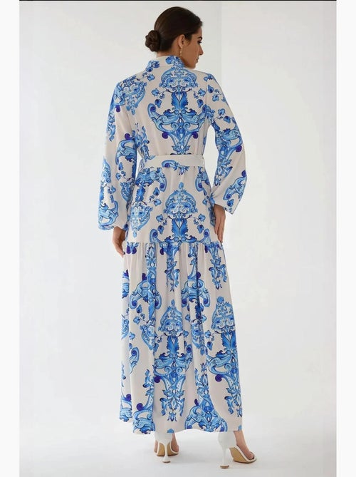Robe longue imprimée à manches longues avec ceinture hiccup - Kiabi