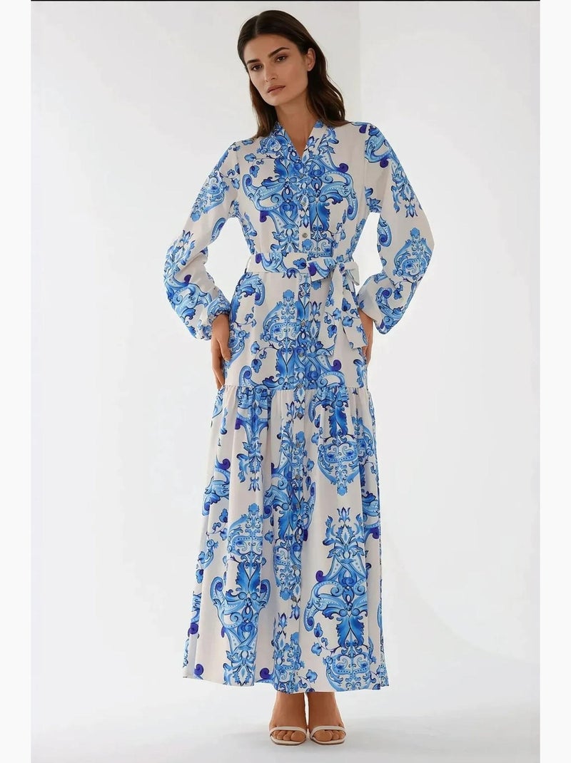 Robe longue imprimée à manches longues avec ceinture hiccup Bleu - Kiabi