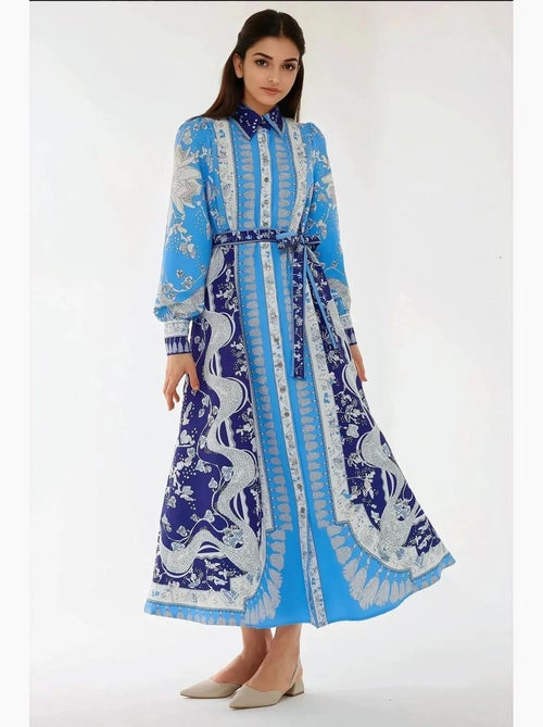 Robe longue imprimée à manches longues avec ceinture hiccup - Kiabi Robe longue imprimée à manches longues avec ceinture hiccup - Kiabi