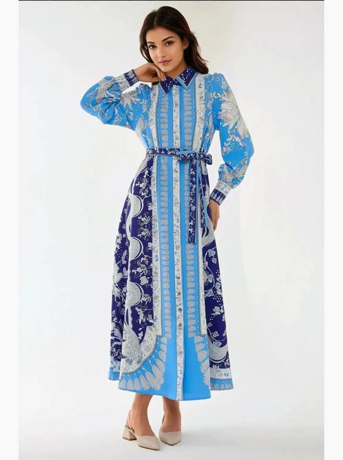 Robe longue imprimée à manches longues avec ceinture hiccup - Kiabi Robe longue imprimée à manches longues avec ceinture hiccup - Kiabi