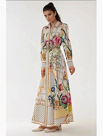 Robe longue imprimée à manches longues avec ceinture hiccup