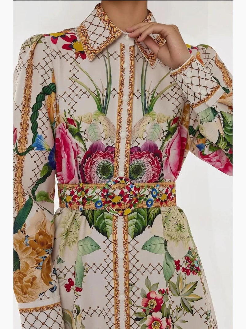 Robe longue imprimée à manches longues avec ceinture hiccup Multicolore - Kiabi