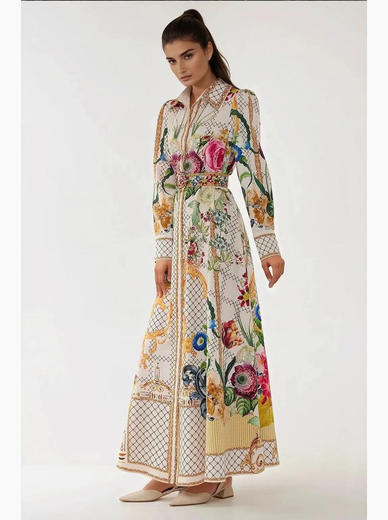 Robe longue imprimée à manches longues avec ceinture hiccup Multicolore - Kiabi