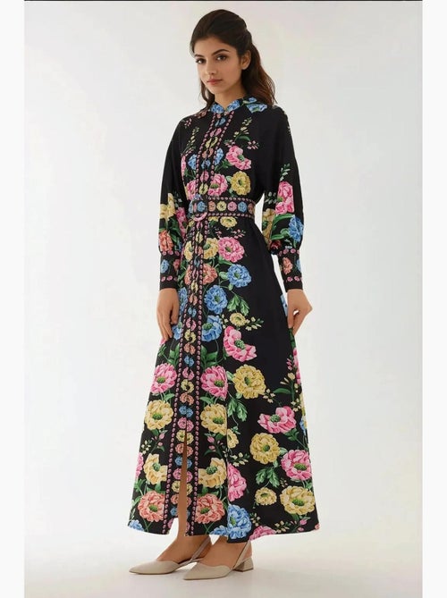 Robe longue imprimée à manches longues avec ceinture hiccup - Kiabi Robe longue imprimée à manches longues avec ceinture hiccup - Kiabi