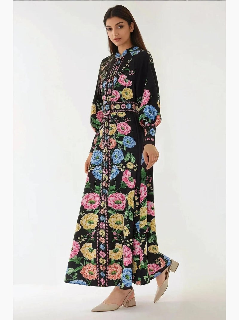 Robe longue imprimée à manches longues avec ceinture hiccup Noir - Kiabi
