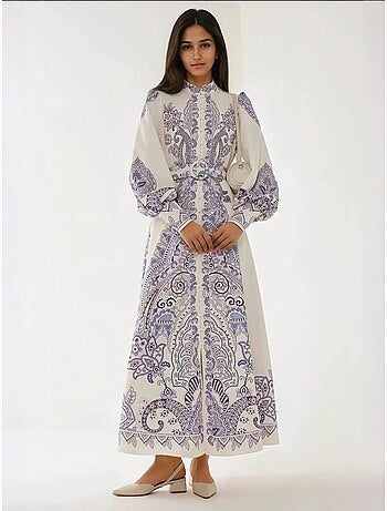 Robe longue imprimée à manches longues avec ceinture