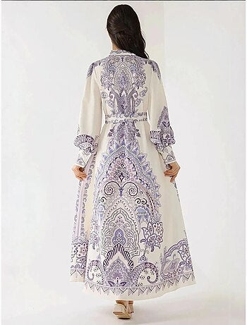 Robe longue imprimée à manches longues avec ceinture