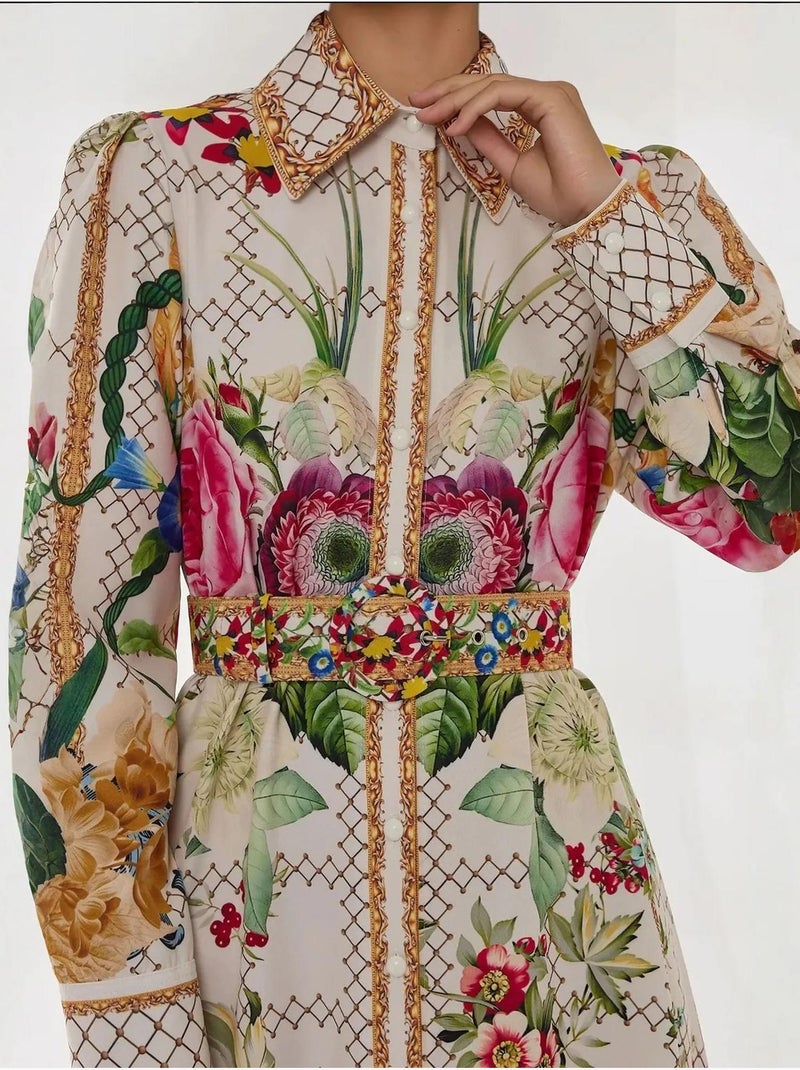 Robe longue imprimée à manches longues avec ceinture Multicolore - Kiabi