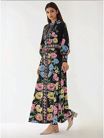Robe longue imprimée à manches longues avec ceinture
