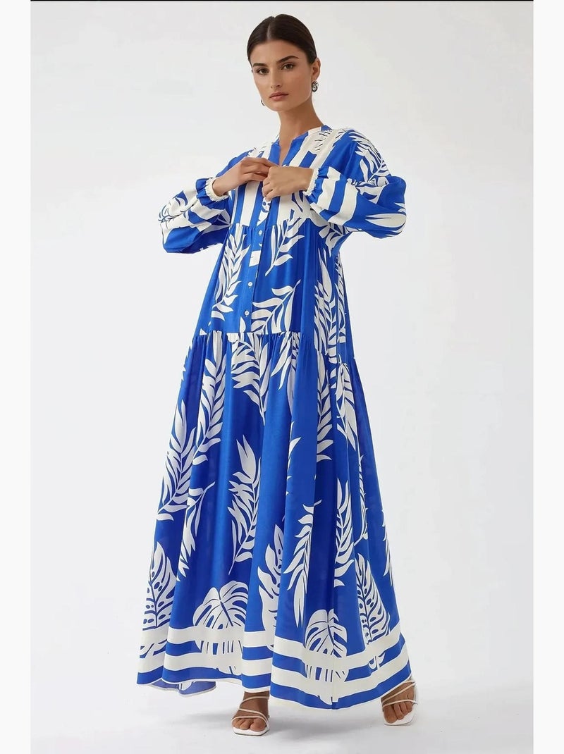 Robe longue imprimée à manches longues en viscose hiccup Bleu électrique - Kiabi