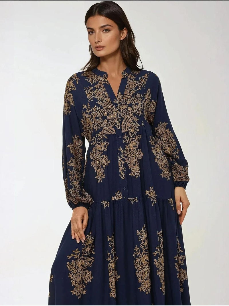 Robe longue imprimée à manches longues en viscose hiccup Bleu marine - Kiabi