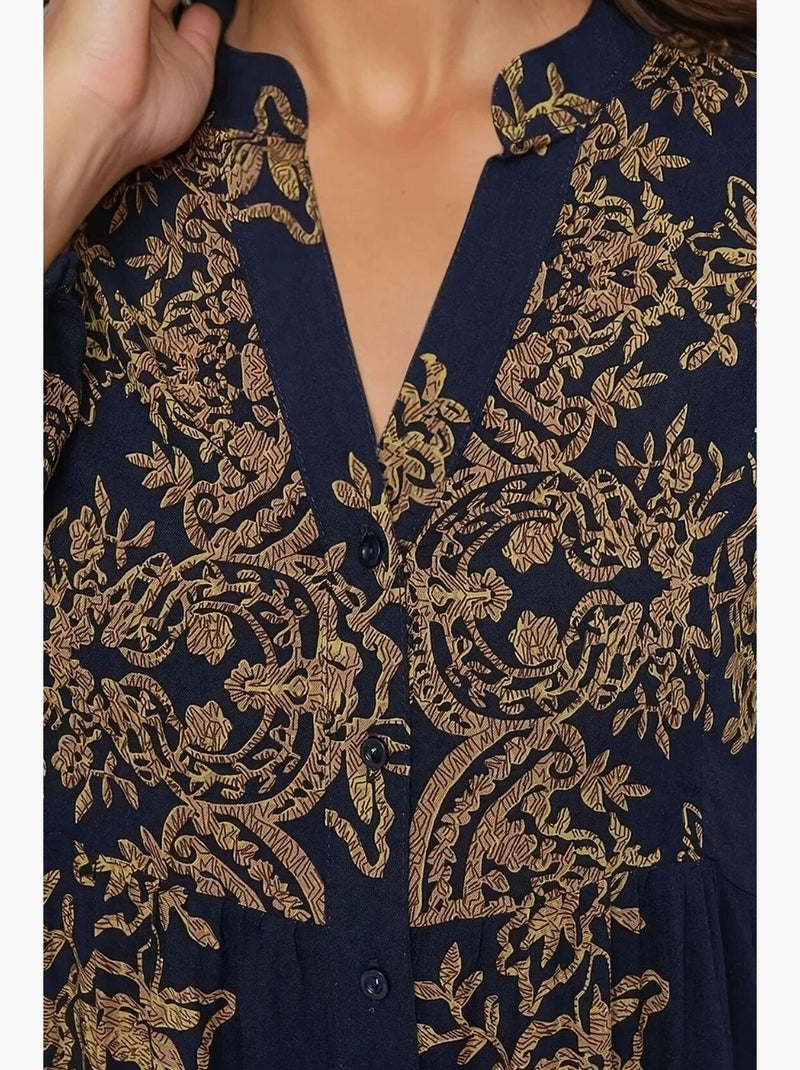 Robe longue imprimée à manches longues en viscose hiccup Bleu marine - Kiabi
