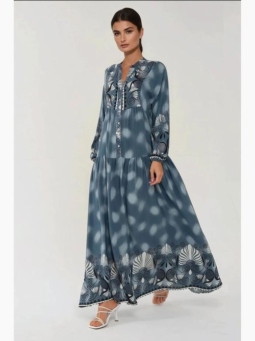 Robe longue imprimée à manches longues en viscose hiccup - Kiabi Robe longue imprimée à manches longues en viscose hiccup - Kiabi