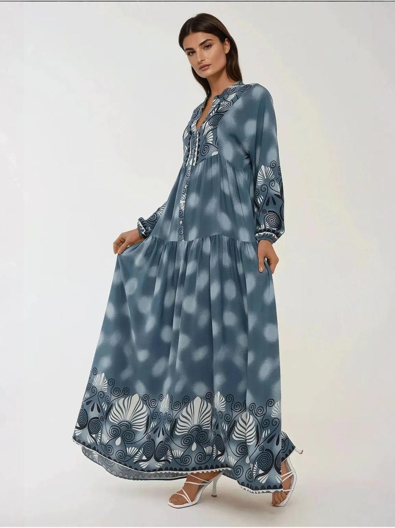 Robe longue imprimée à manches longues en viscose hiccup Gris - Kiabi
