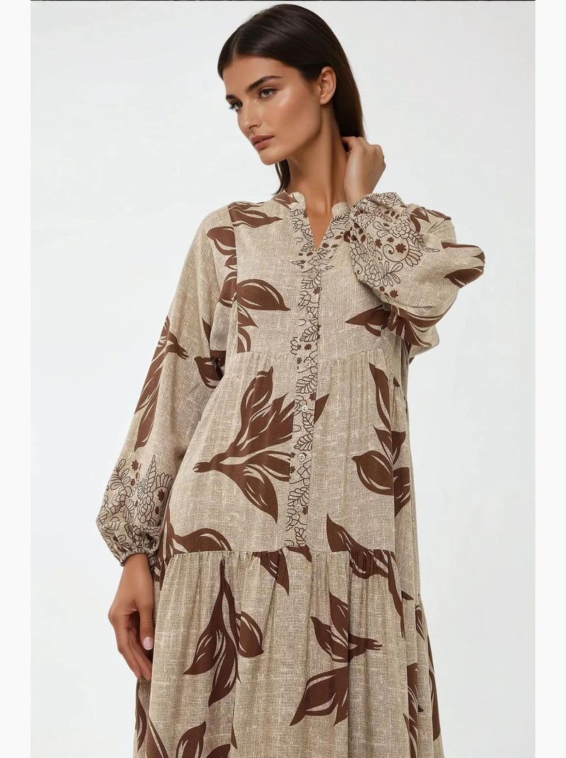 Robe longue imprimée à manches longues en viscose hiccup Marron - Kiabi