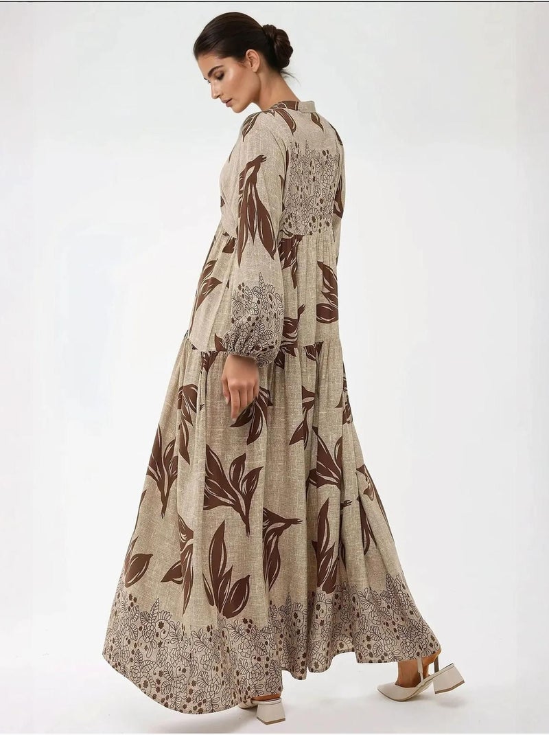 Robe longue imprimée à manches longues en viscose hiccup Marron - Kiabi