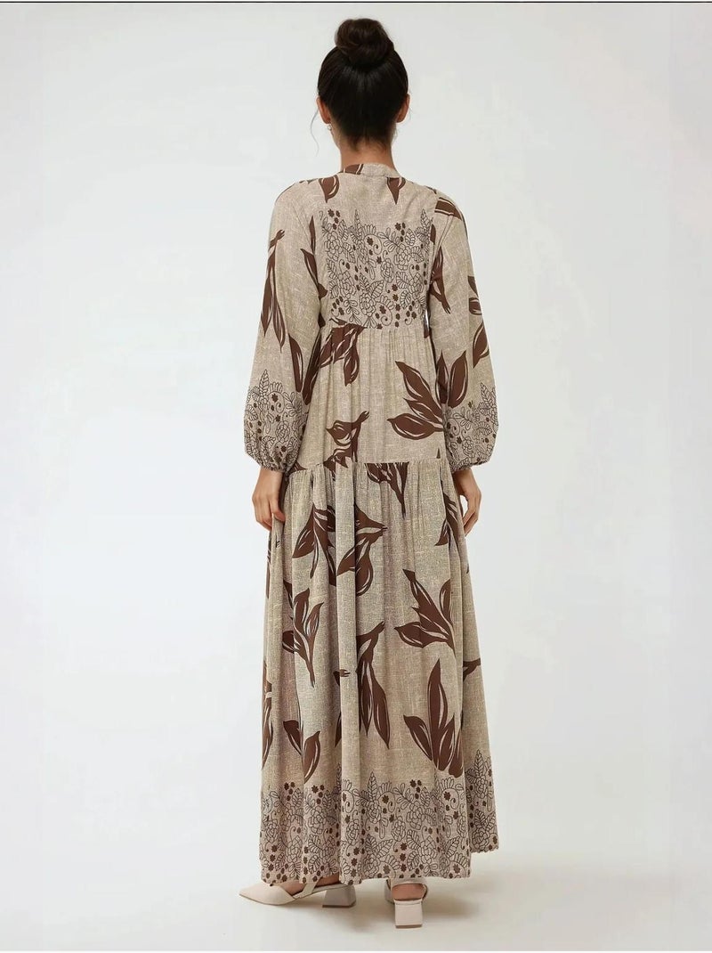 Robe longue imprimée à manches longues en viscose hiccup Marron - Kiabi