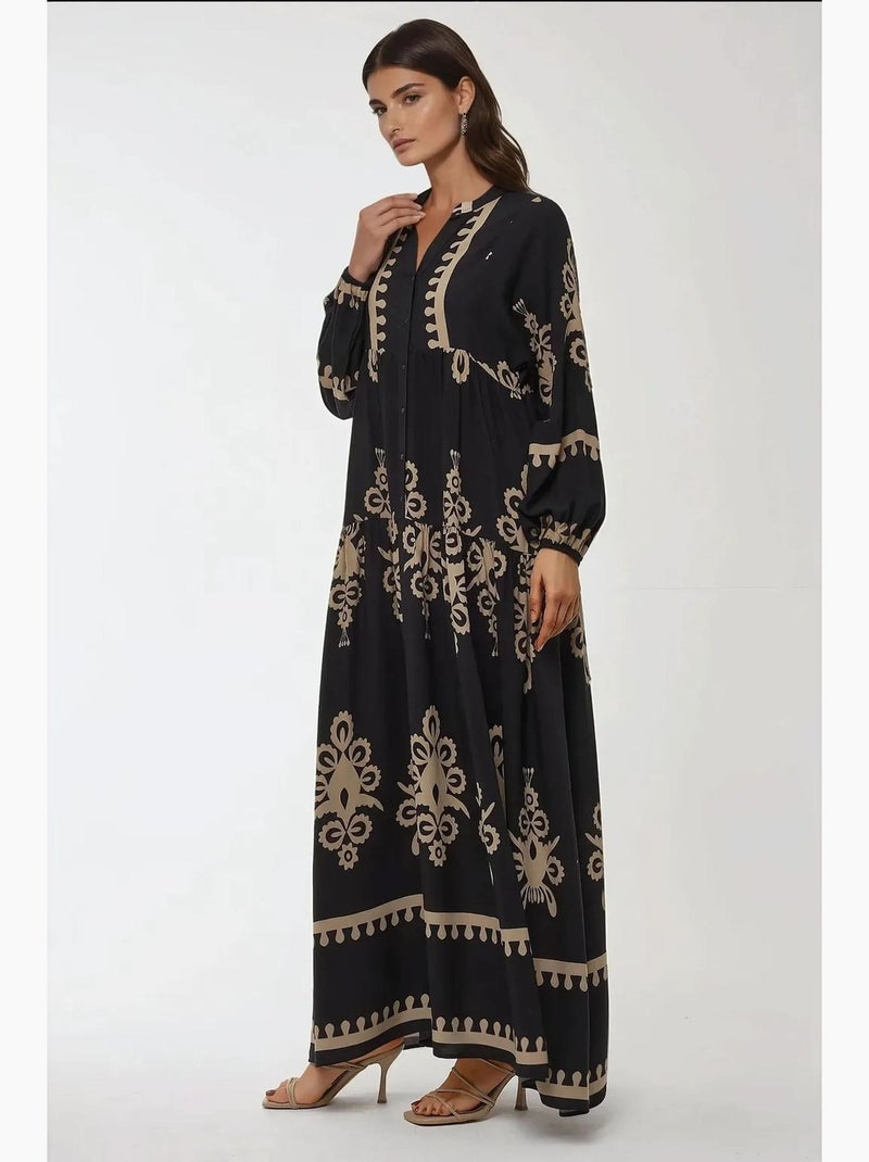 Robe longue imprimée à manches longues en viscose hiccup Noir - Kiabi