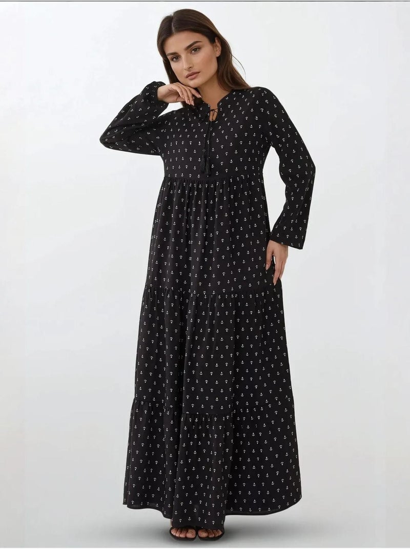 Robe longue imprimée à manches longues en viscose hiccup Noir - Kiabi