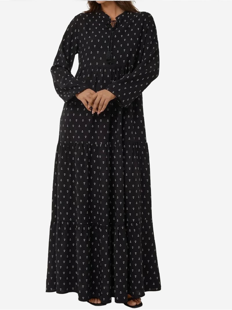 Robe longue imprimée à manches longues en viscose hiccup Noir - Kiabi
