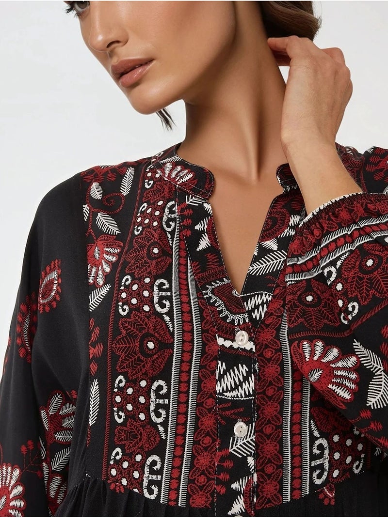 Robe longue imprimée à manches longues en viscose hiccup Noir - Kiabi