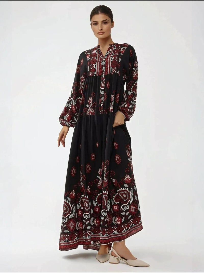 Robe longue imprimée à manches longues en viscose hiccup Noir - Kiabi