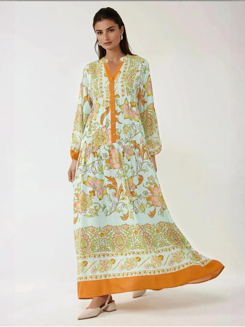 Robe longue imprimée à manches longues en viscose hiccup Orange - Kiabi