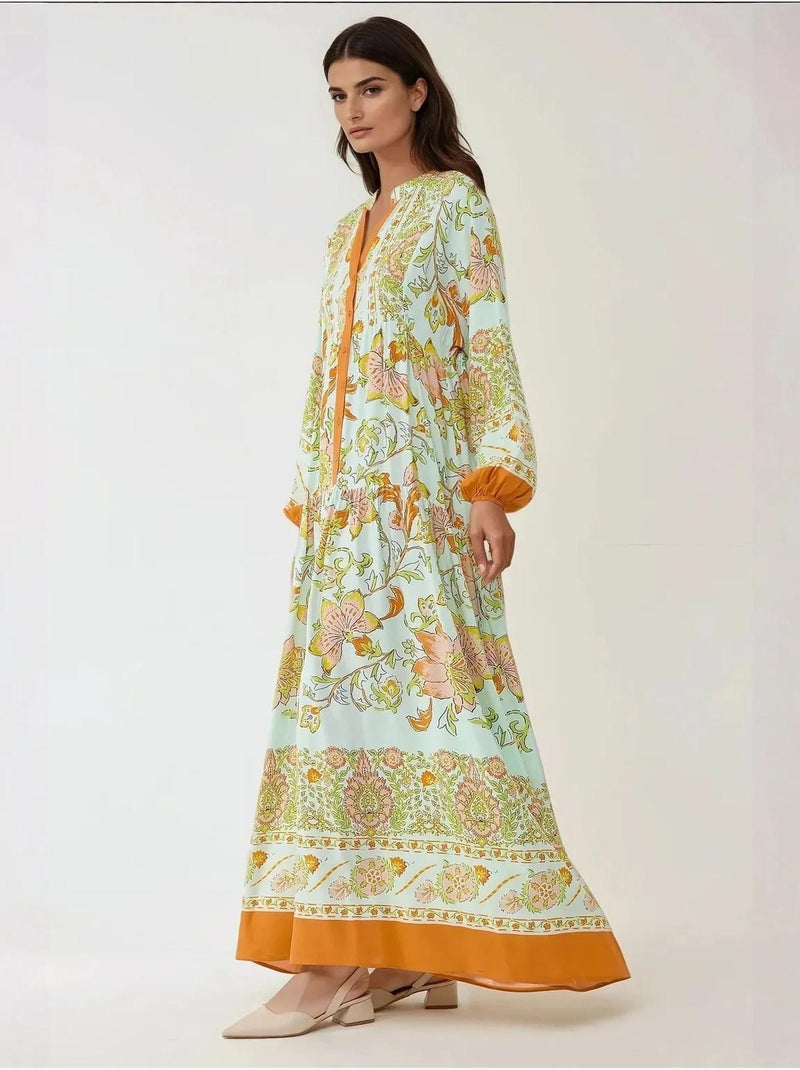 Robe longue imprimée à manches longues en viscose hiccup Orange - Kiabi