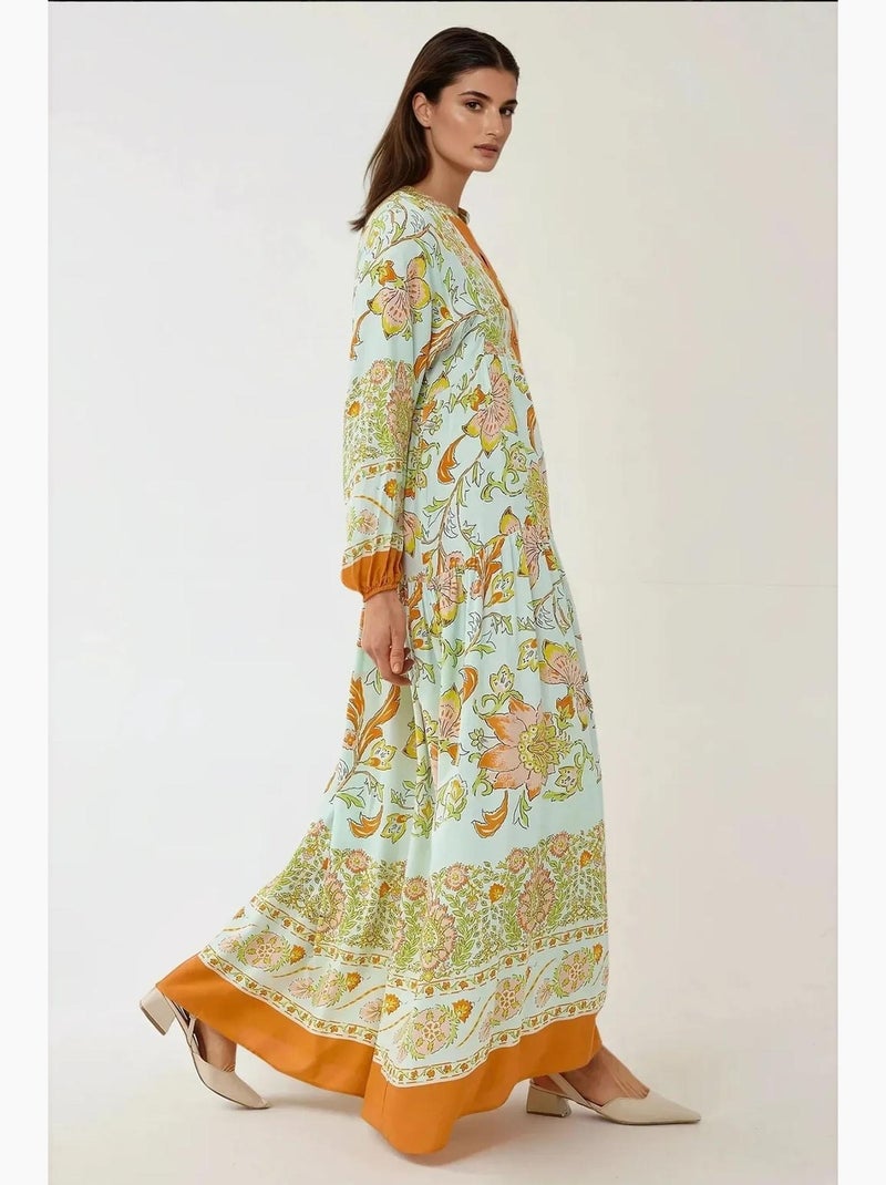 Robe longue imprimée à manches longues en viscose hiccup Orange - Kiabi
