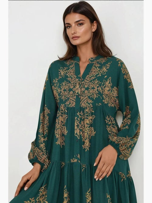 Robe longue imprimée à manches longues en viscose hiccup - Kiabi