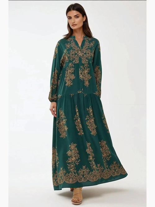 Robe longue imprimée à manches longues en viscose hiccup - Kiabi