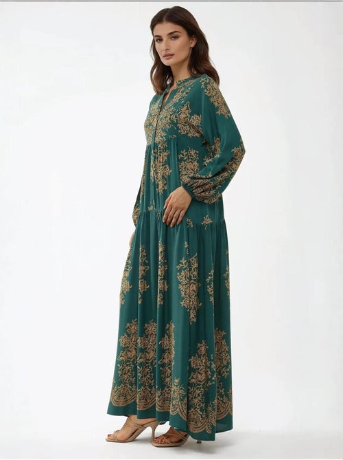 Robe longue imprimée à manches longues en viscose hiccup - Kiabi