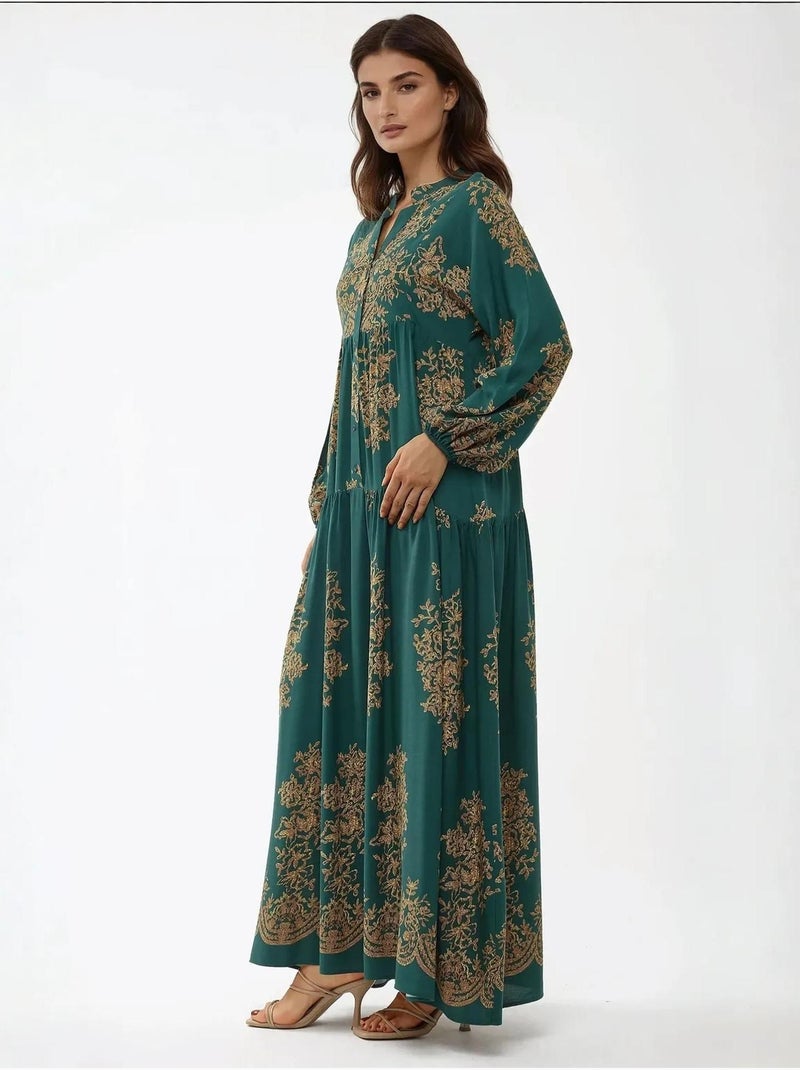Robe longue imprimée à manches longues en viscose hiccup Vert foncé - Kiabi