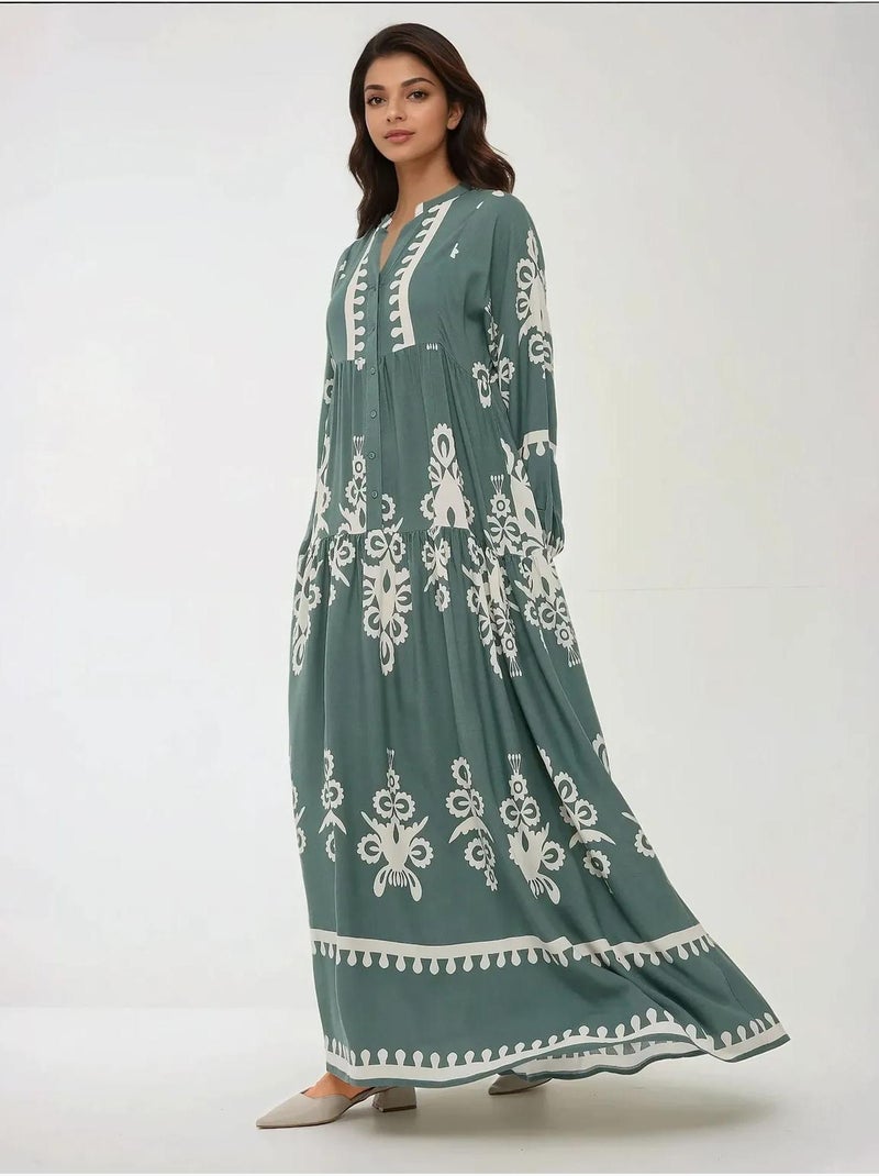 Robe longue imprimée à manches longues en viscose hiccup Vert pastel - Kiabi
