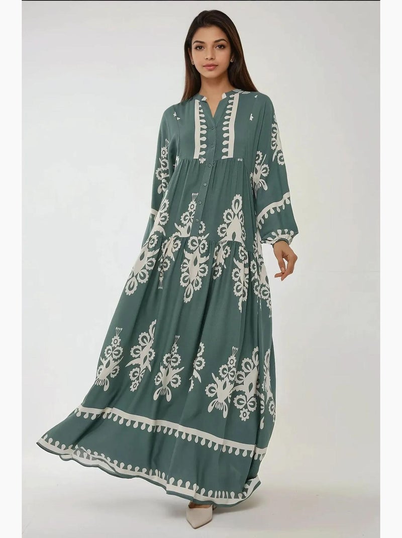Robe longue imprimée à manches longues en viscose hiccup Vert pastel - Kiabi