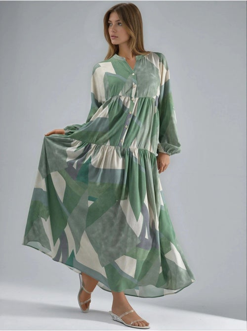 Robe longue imprimée à manches longues en viscose hiccup - Kiabi