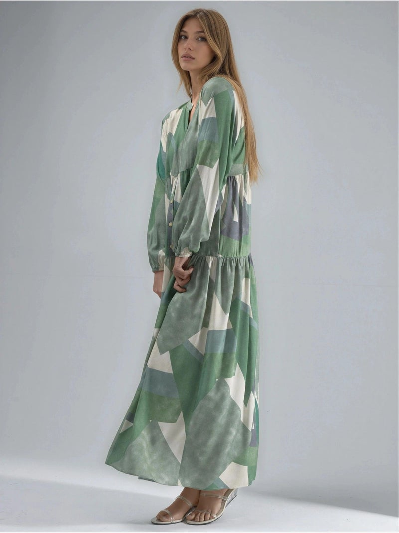 Robe longue imprimée à manches longues en viscose hiccup Vert pastel - Kiabi