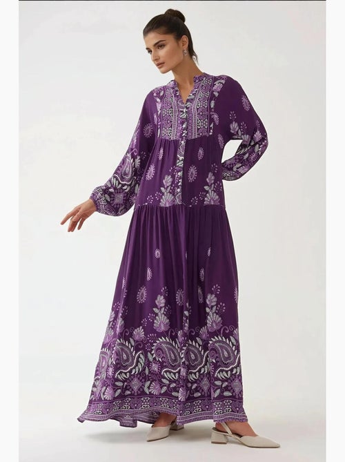 Robe longue imprimée à manches longues en viscose hiccup - Kiabi